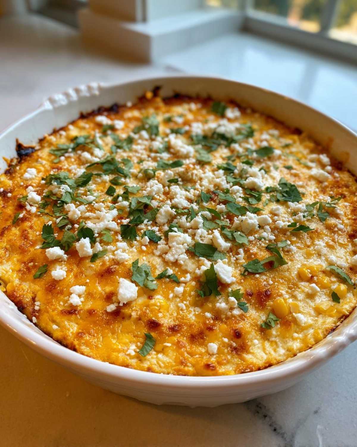 A close-up of hot, cheesy mexican street corn dip topped with crumbled white cheese and fresh cilantro.