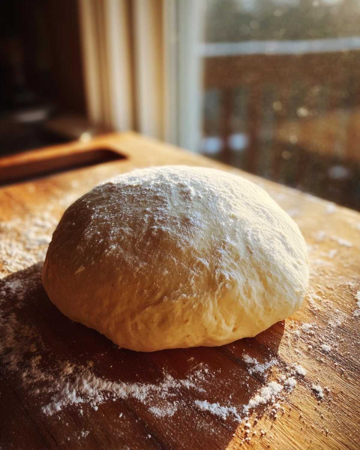 A perfectly rounded ball of fresh pizza dough dusted with flour resting on a wooden board.