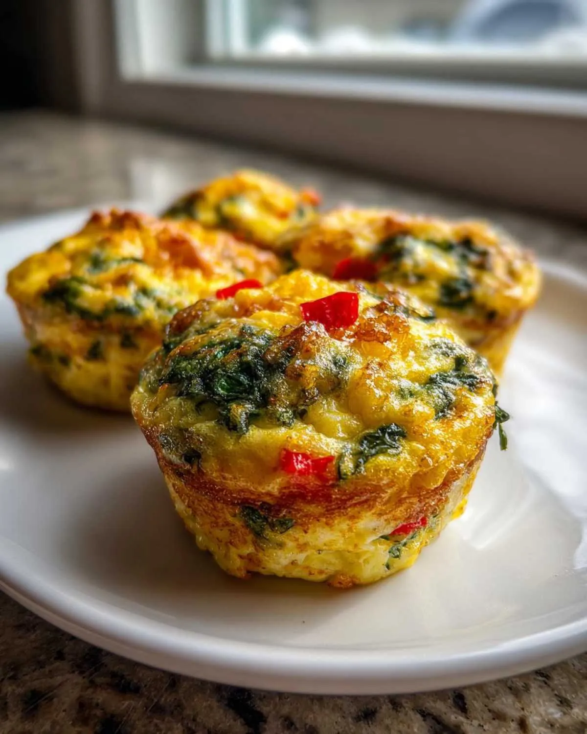 Close-up of four baked egg muffin cups filled with spinach and red peppers on a white plate.