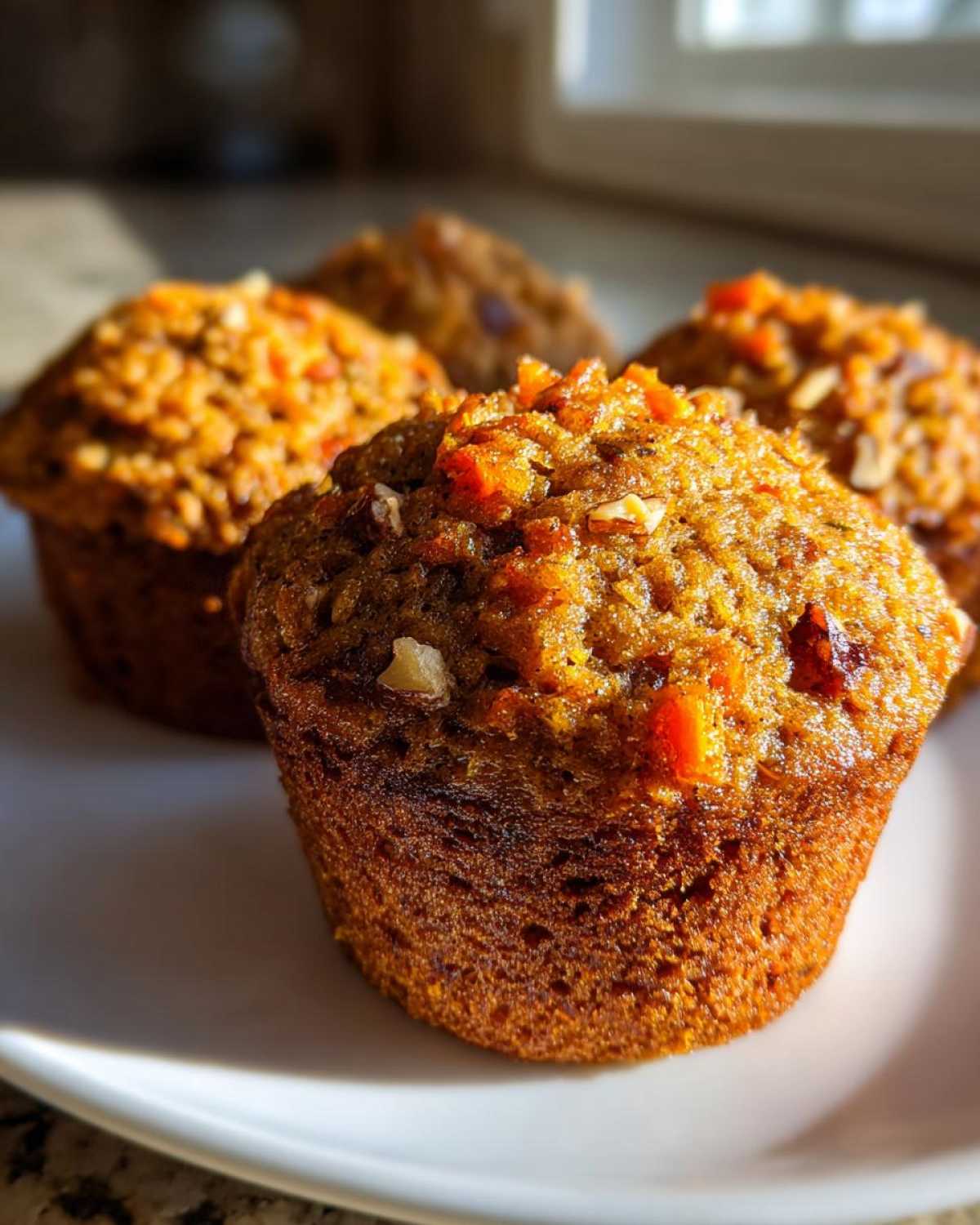 A close-up of four golden brown morning glory muffins topped with nuts and visible shredded carrots.