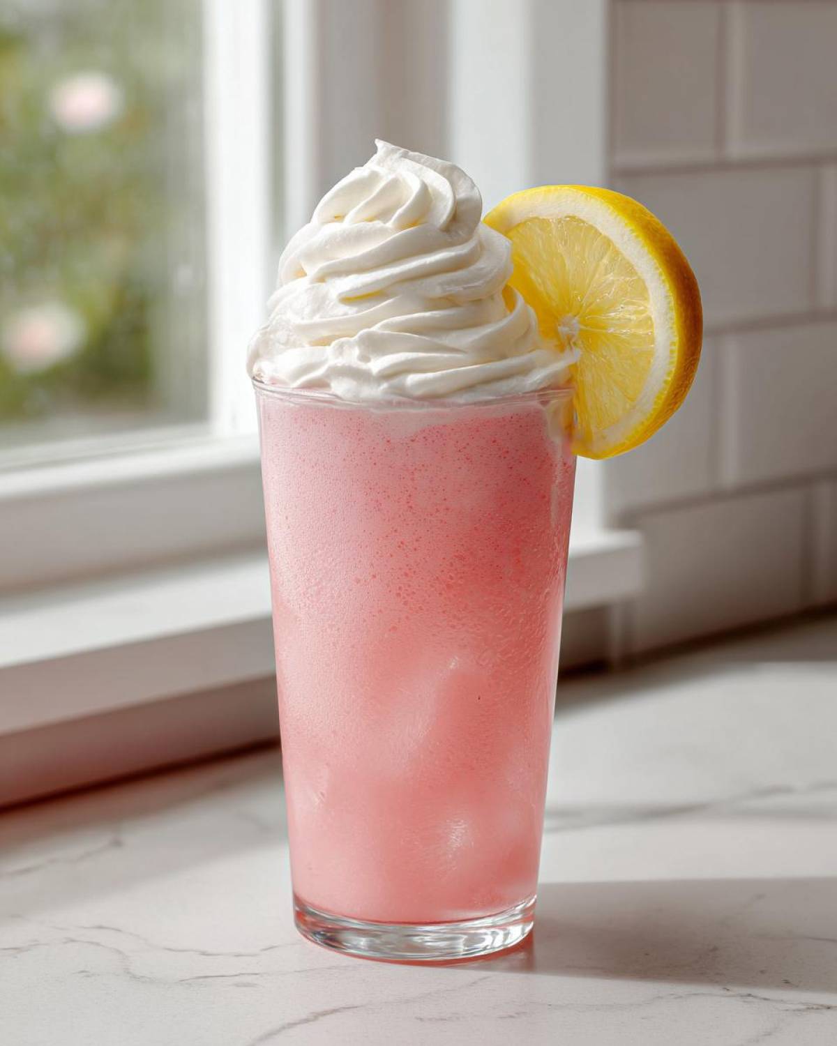 A tall glass of frothy pink lemonade topped with a swirl of whipped cream and a lemon slice.