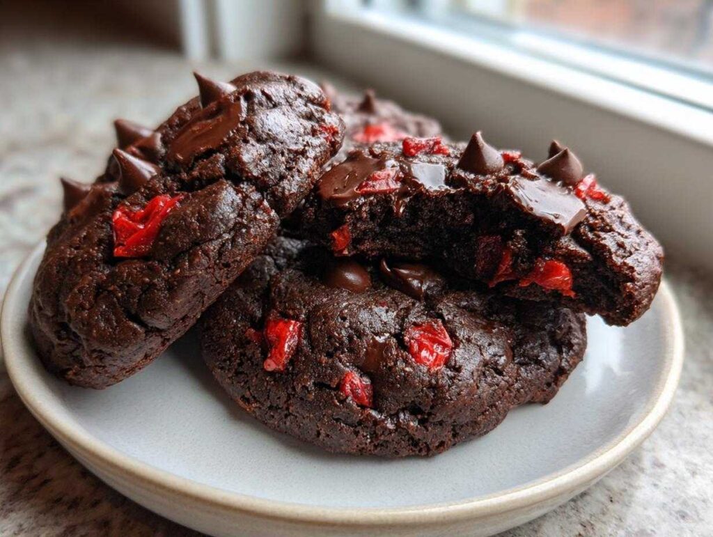 A stack of fudgy chocolate cherry cookies with melted chocolate chips and bright red dried cherries.