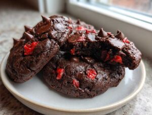 A stack of fudgy chocolate cherry cookies with melted chocolate chips and bright red dried cherries.