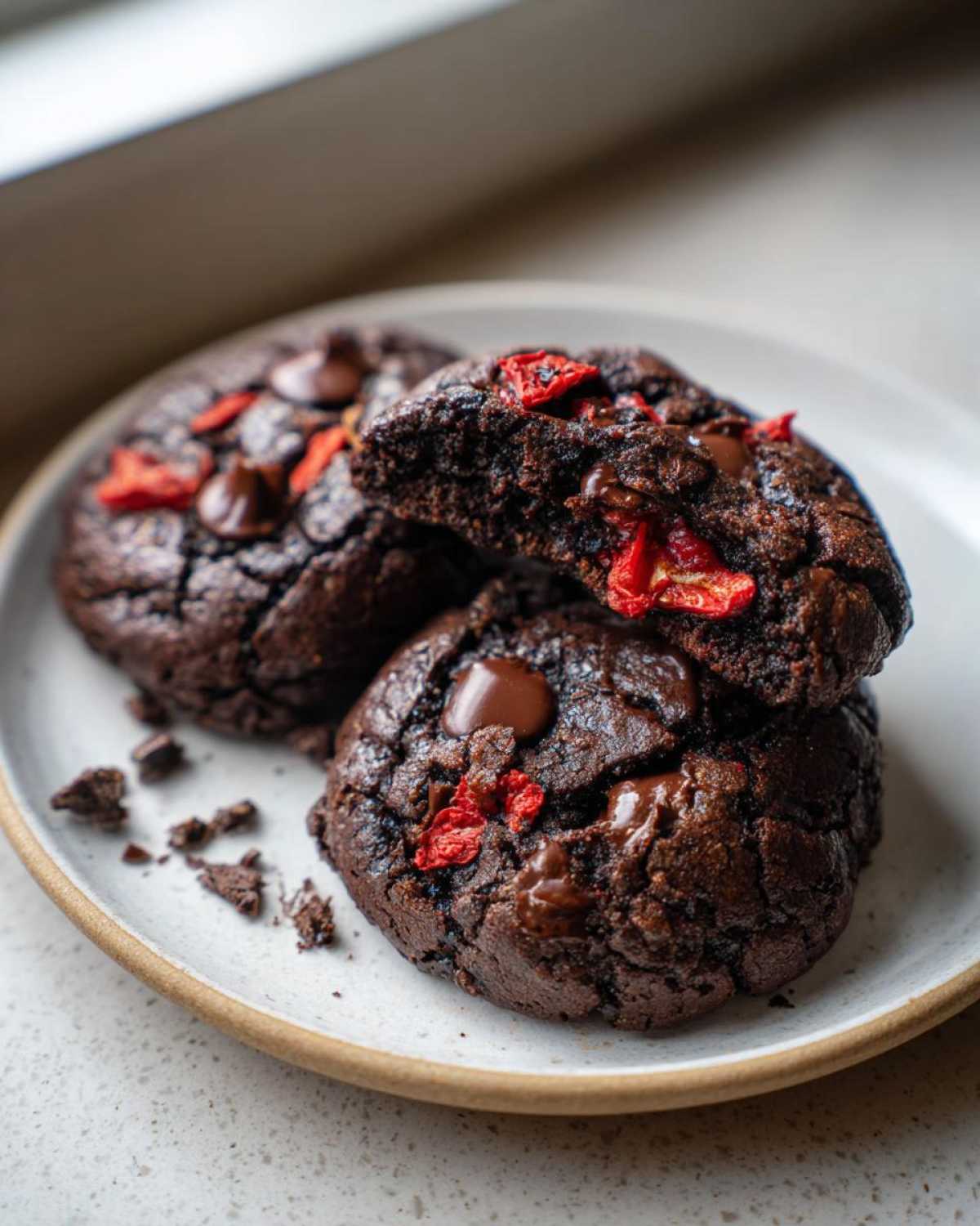 Close-up of fudgy chocolate cherry cookies, one broken open to show the soft interior and melted chocolate chips.