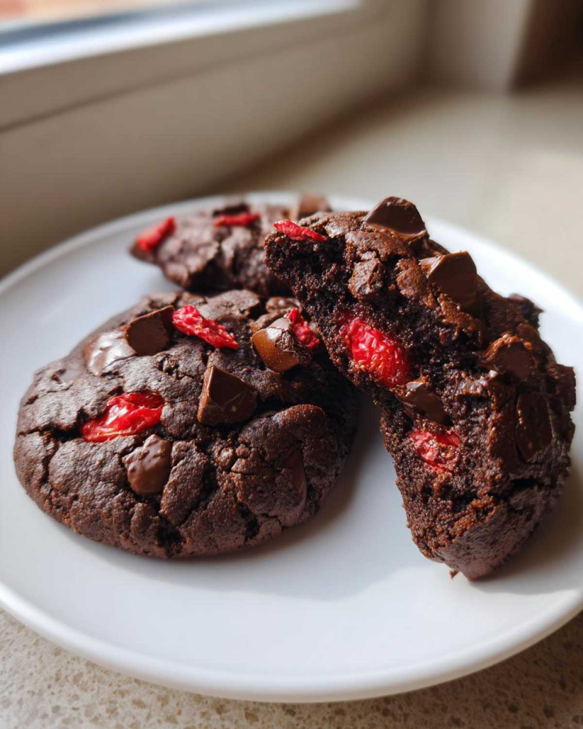 Close-up of fudgy chocolate cherry cookies, one broken open to show the soft interior and bright red cherries.
