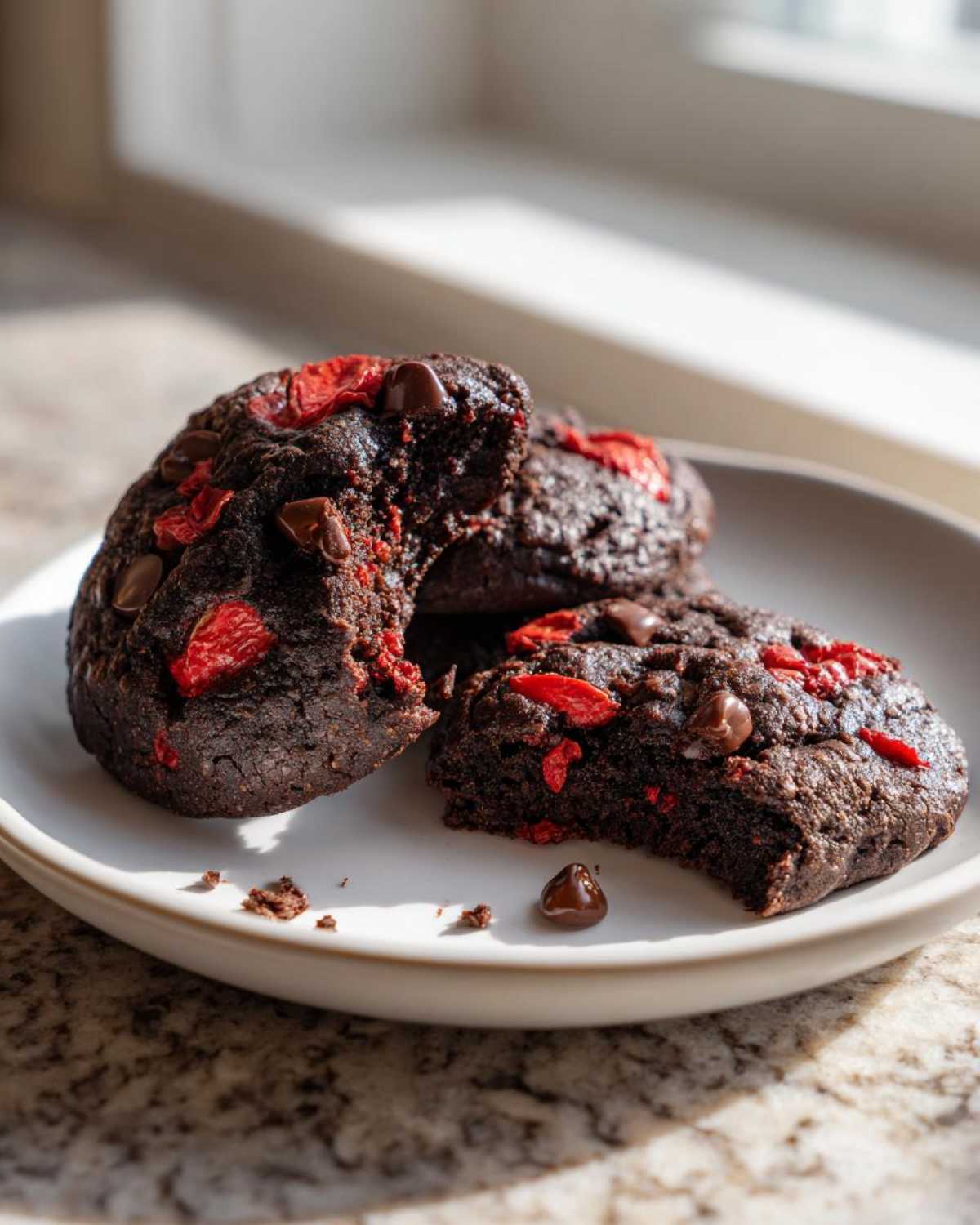 Close-up of fudgy chocolate cherry cookies, one broken open, showing chocolate chips and red dried cherries.