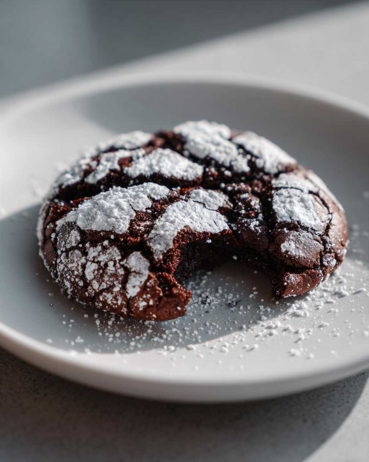 A close-up of a fudgy chocolate crinkle cookie dusted heavily with powdered sugar, with one bite missing.