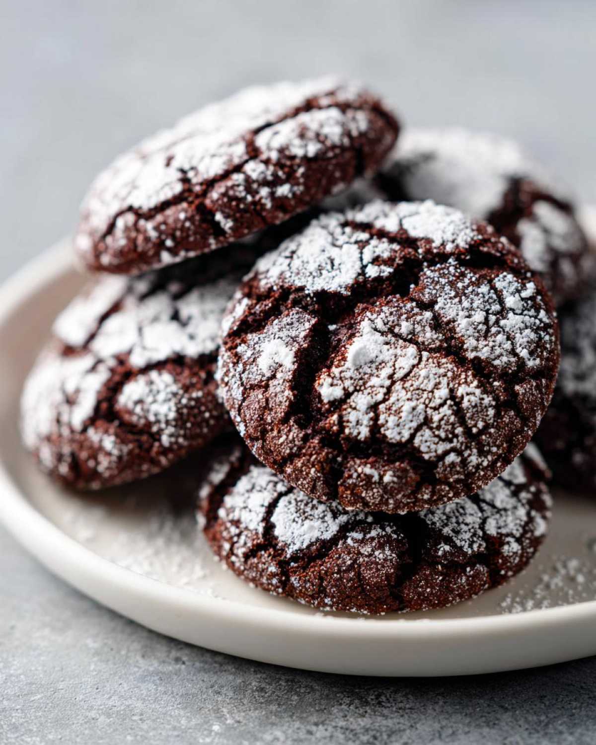 A stack of rich, dark chocolate crinkle cookies dusted heavily with powdered sugar.