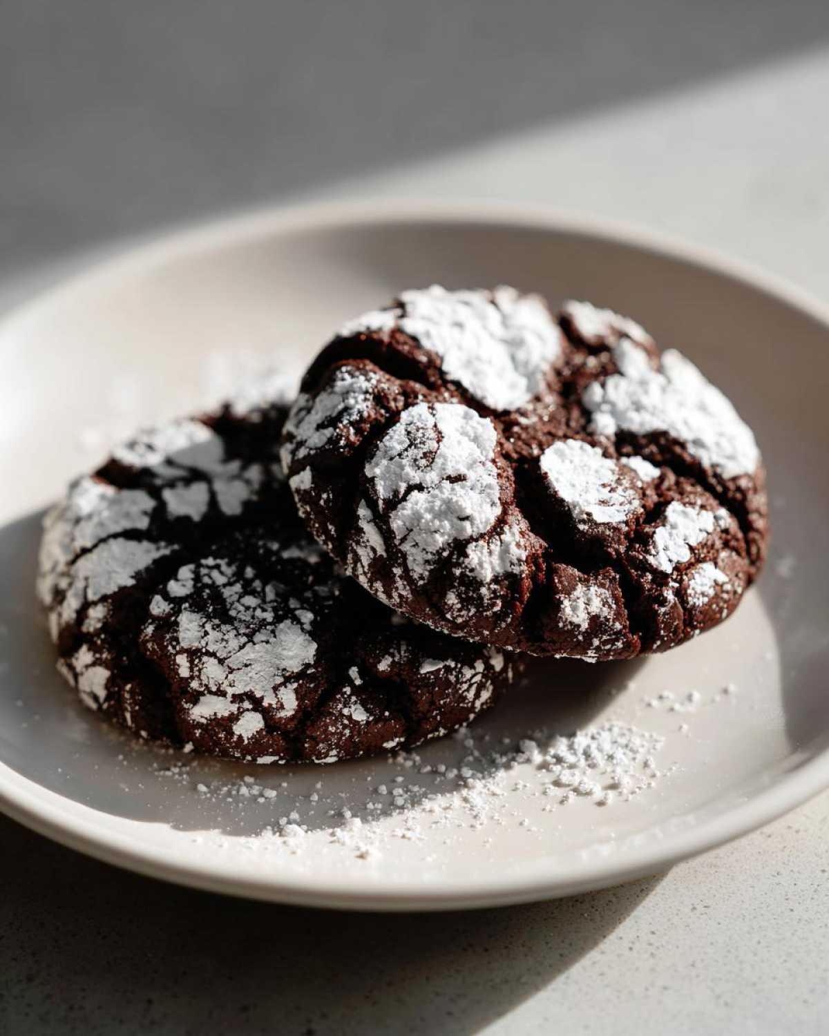 Two rich, dark chocolate crinkle cookies dusted heavily with powdered sugar sitting on a light plate.