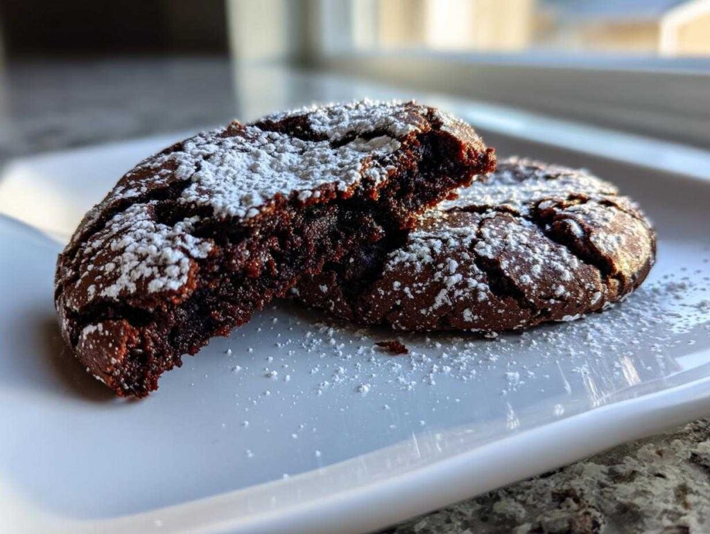 Two fudgy chocolate crinkle cookies dusted with powdered sugar, one broken open to show the soft interior.