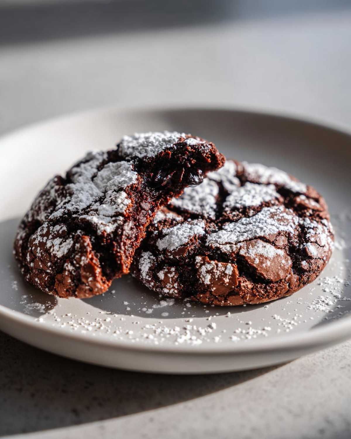 Two fudgy chocolate crinkle cookies dusted heavily with powdered sugar on a light gray plate.