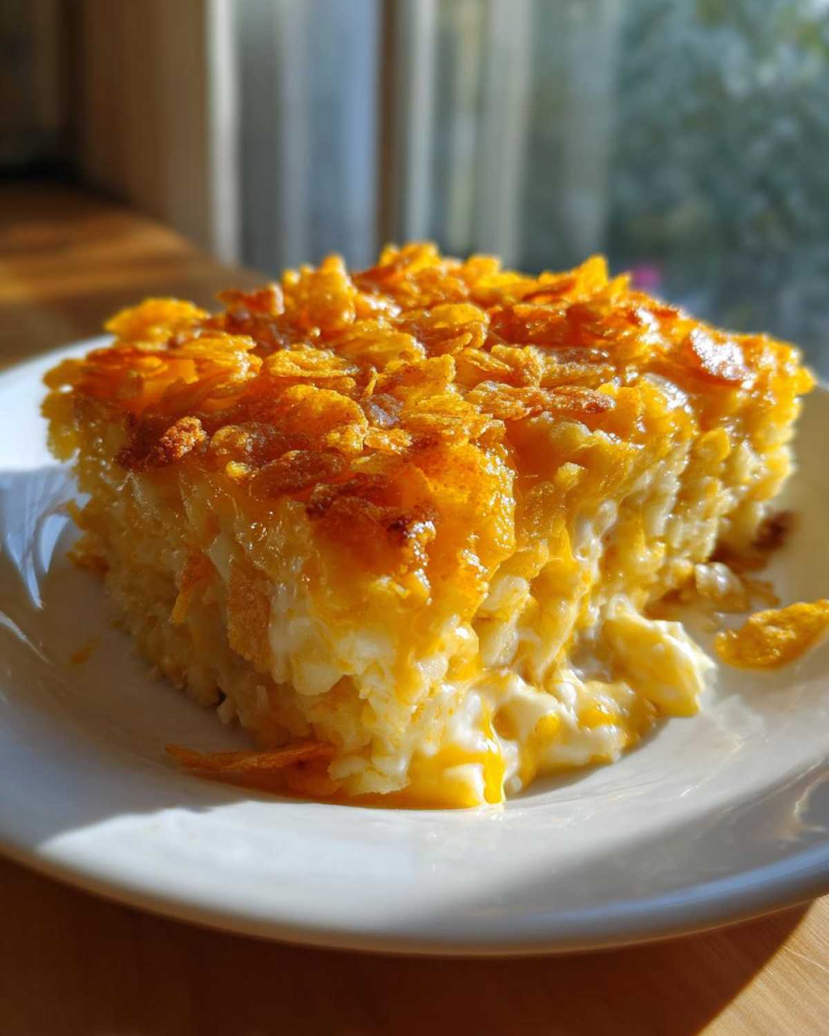 A close-up of a serving of funeral potatoes recipe with a creamy interior and golden, crunchy cornflake topping.