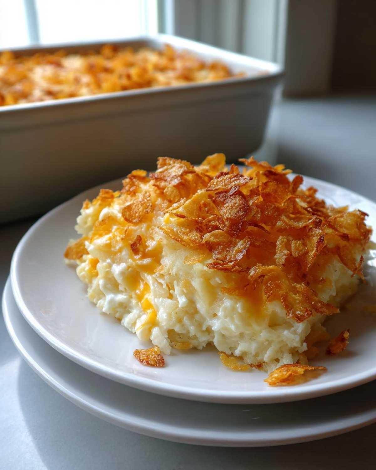 A serving of creamy funeral potatoes recipe topped with golden, crispy cornflakes on a white plate.