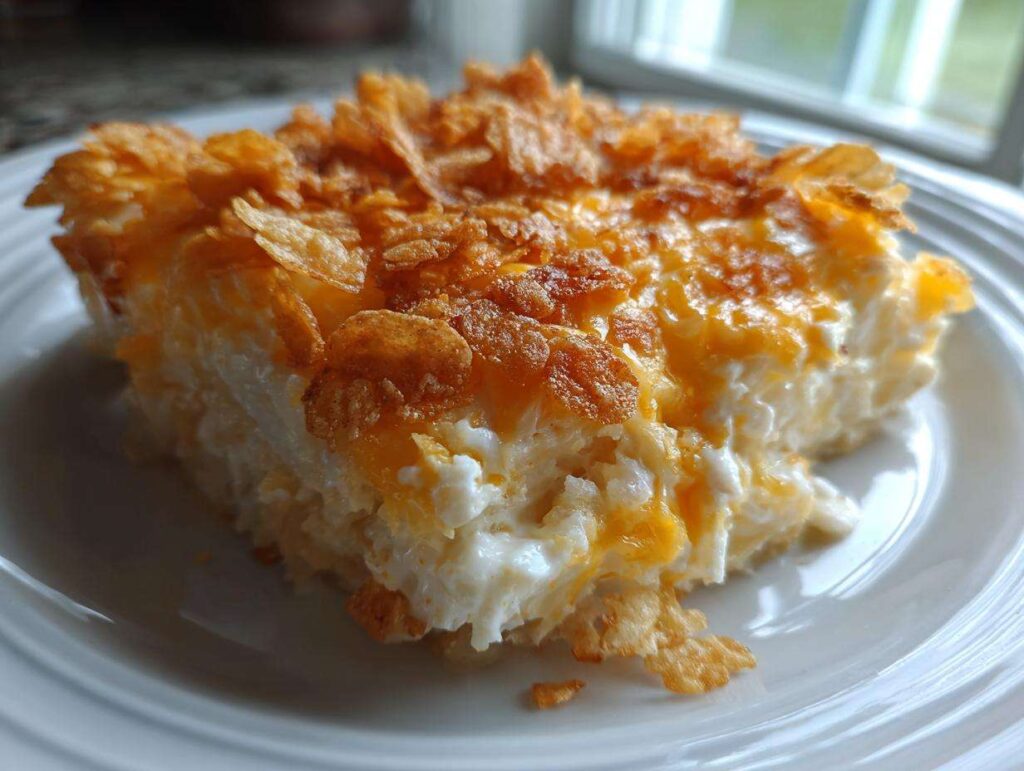 Close-up of a serving of creamy funeral potatoes recipe topped with melted cheddar cheese and crispy cornflakes.