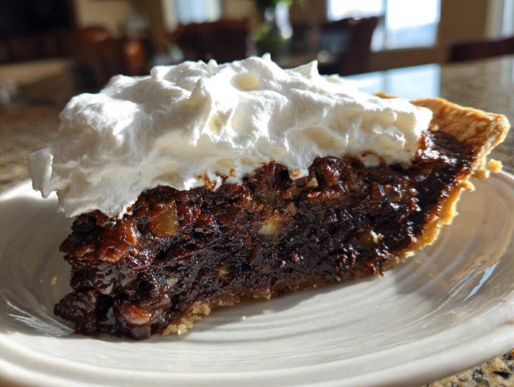 A decadent slice of german chocolate pie featuring a rich, dark filling and topped generously with fluffy white whipped cream.