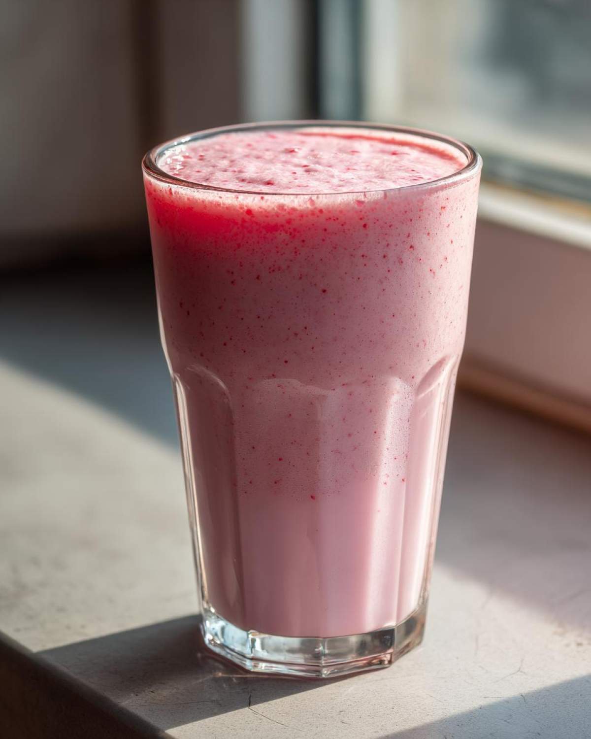 A tall, textured glass filled with frothy pink strawberry milk, sitting on a sunlit surface.