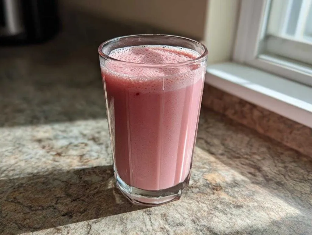 A tall glass filled with frothy pink strawberry milk sitting on a speckled countertop near a window.