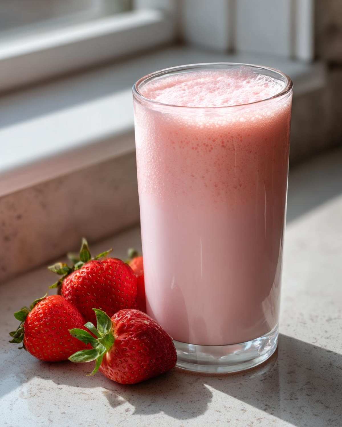 A tall glass filled with frothy pink strawberry milk sits next to several fresh, whole strawberries.