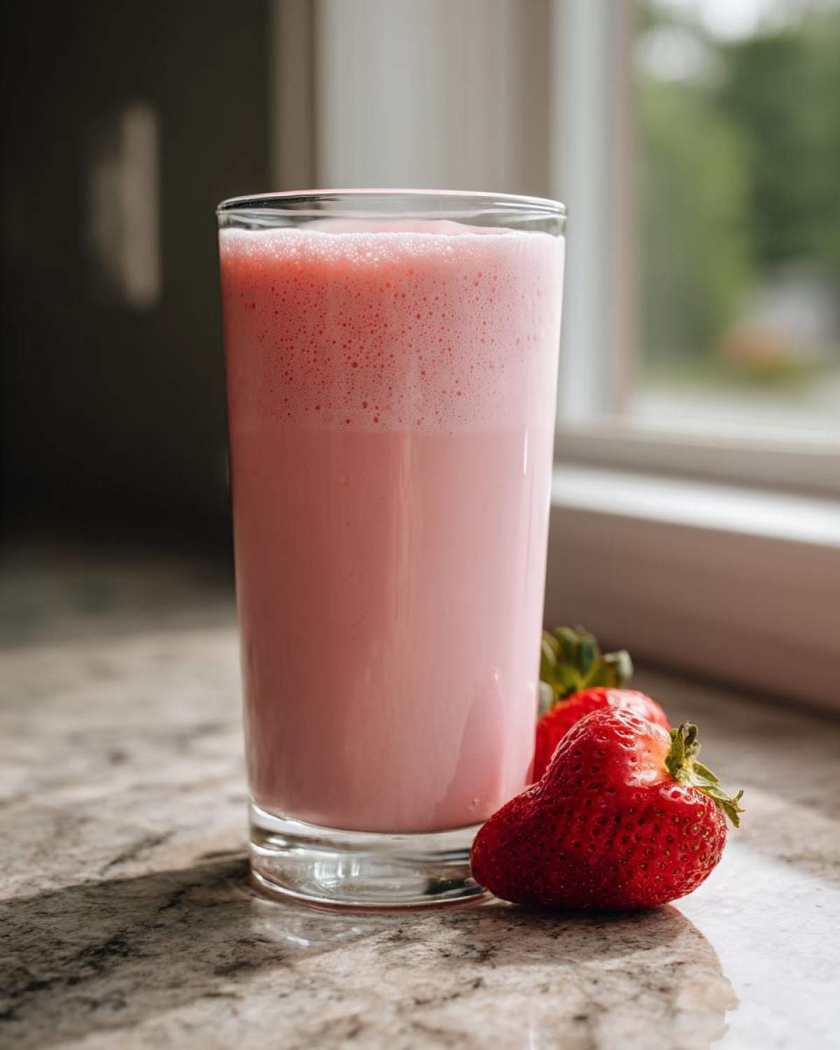 A tall glass filled with frothy pink strawberry milk sits next to two fresh strawberries on a granite countertop.