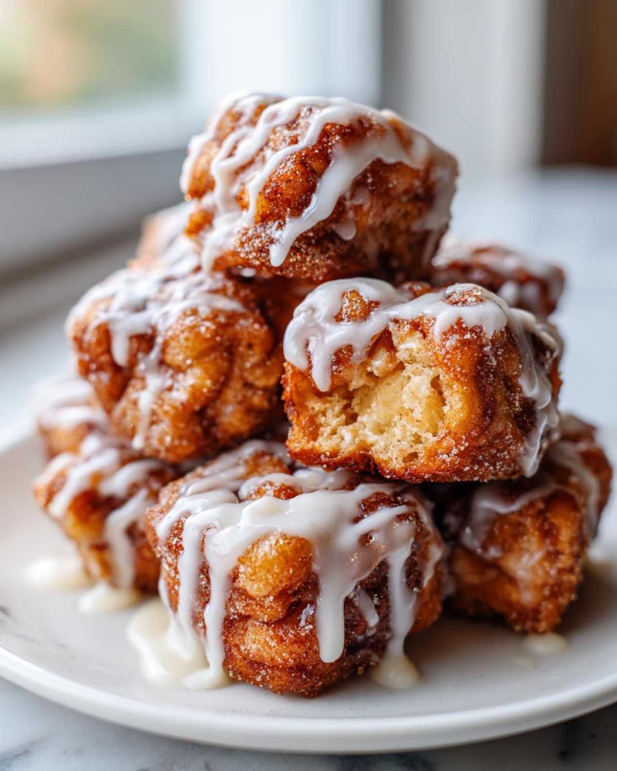 A close-up stack of golden brown apple fritter bites generously drizzled with white icing.