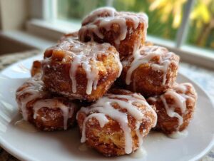 A tempting stack of golden brown apple fritter bites drizzled with thick white glaze on a white plate.