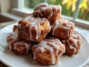 A tempting stack of golden brown apple fritter bites drizzled with thick white glaze on a white plate.