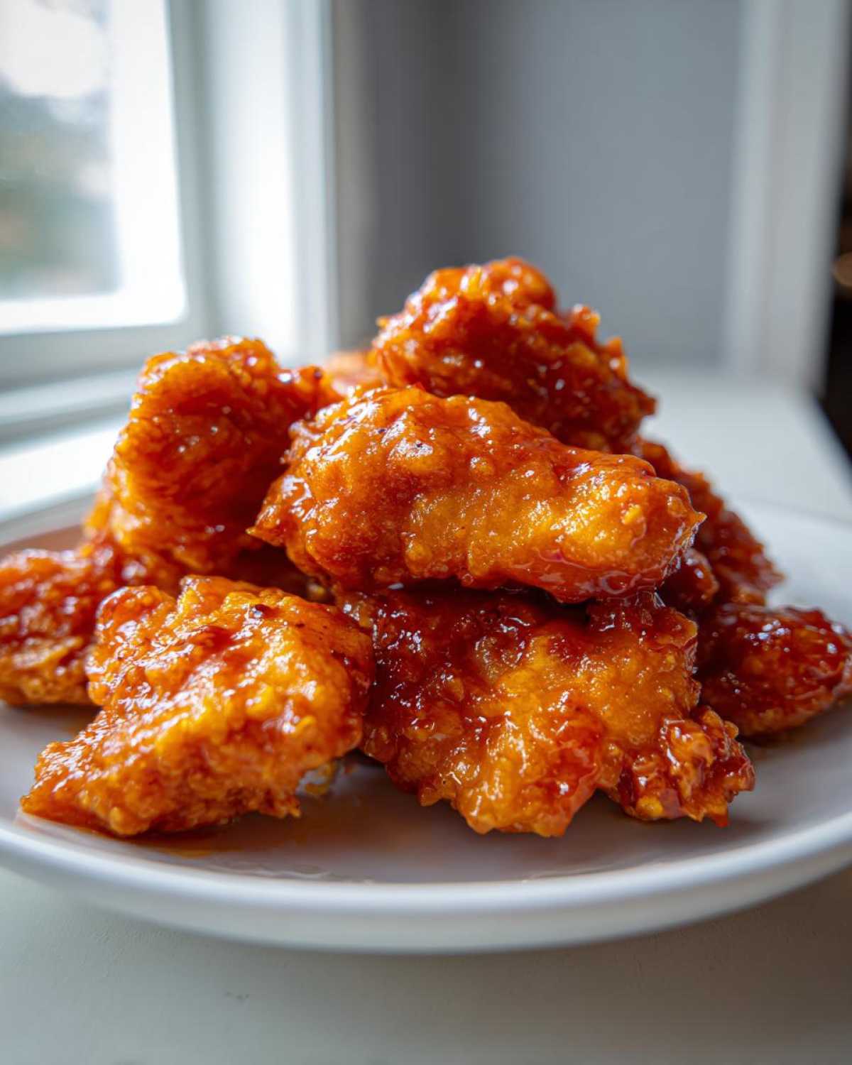 A pile of crispy, glazed Bang Bang Chicken pieces coated in a vibrant orange-red sauce, sitting on a white plate.