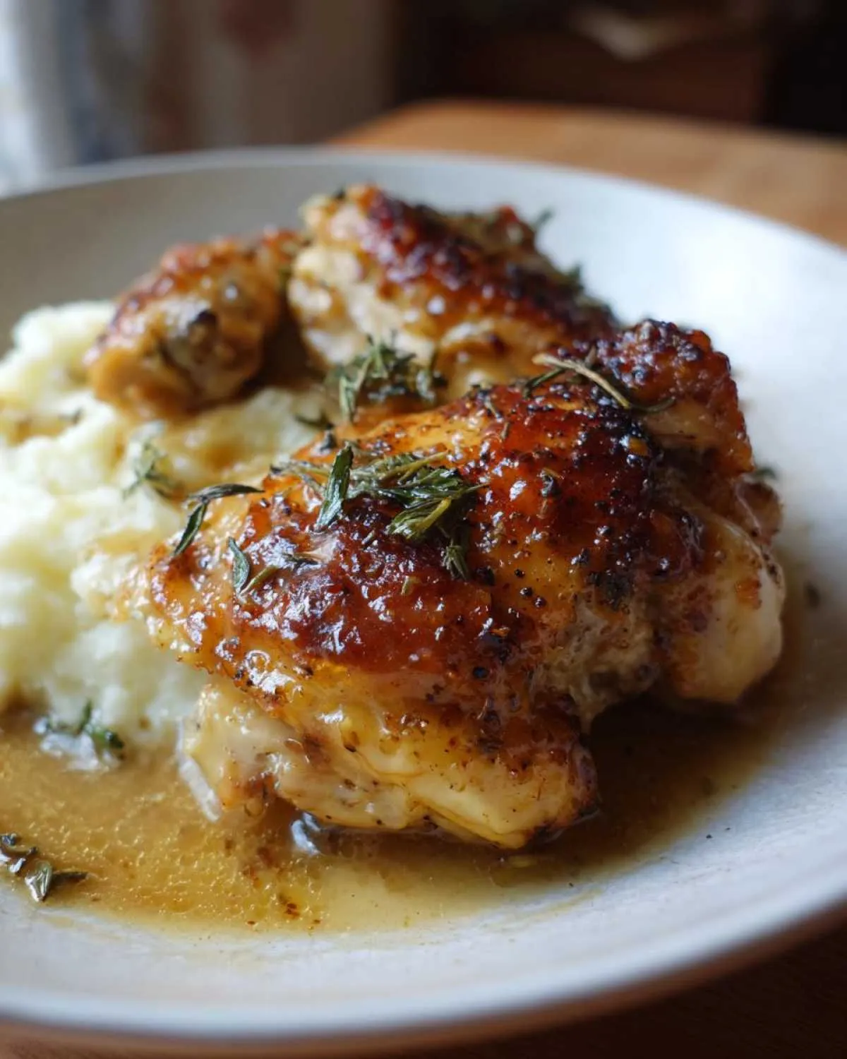 Close-up of glazed chicken thighs served over mashed potatoes with rich chicken and gravy, garnished with fresh thyme.