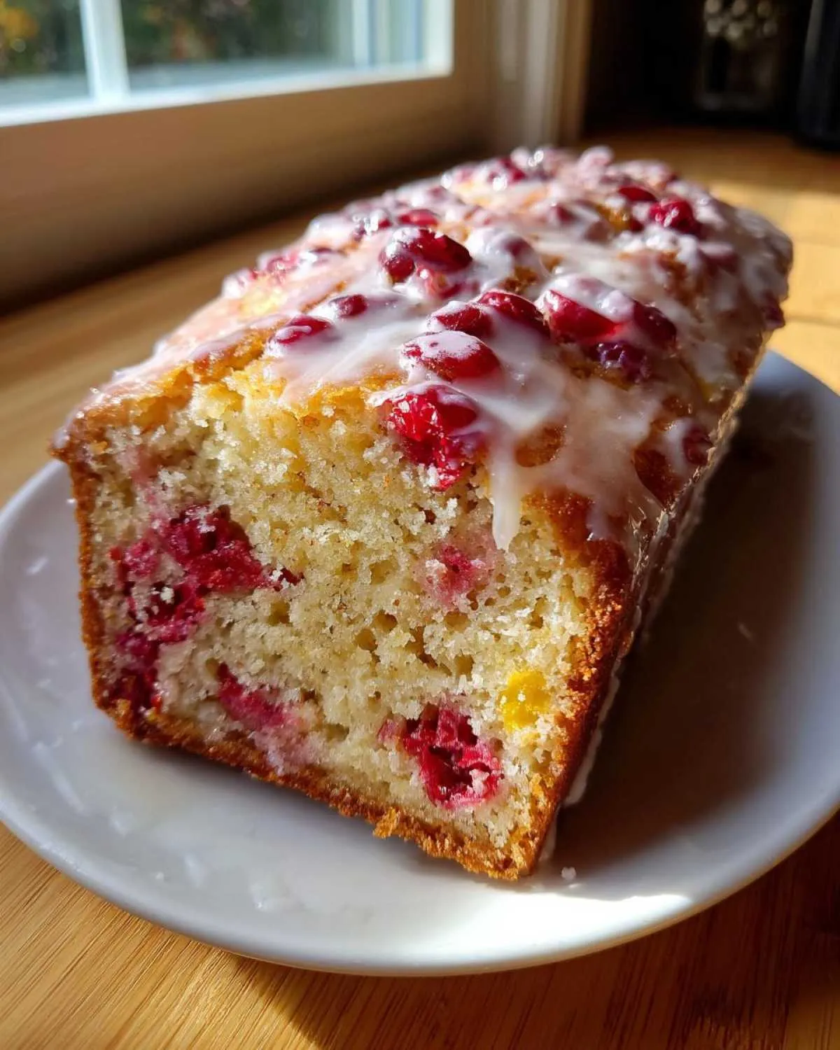 Close-up of a slice of cranberry orange bread topped with a white glaze and whole cranberries.