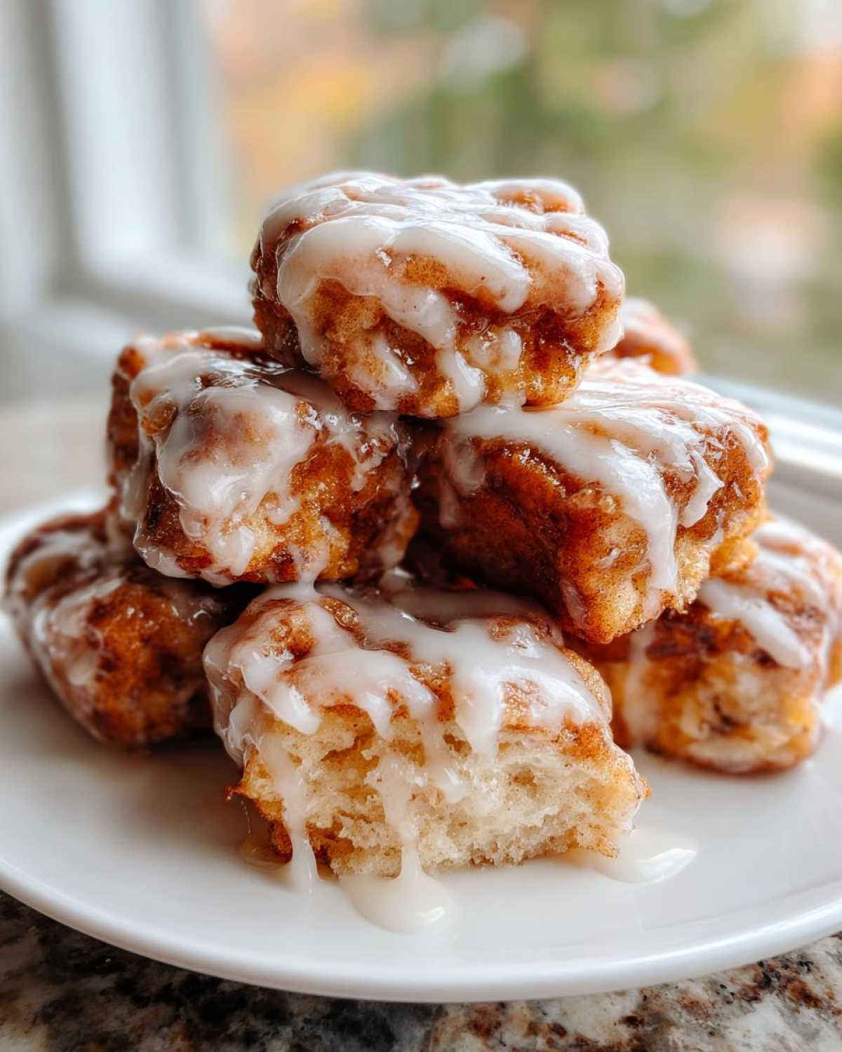 A close-up stack of small, golden brown apple fritter bites drizzled generously with white glaze.