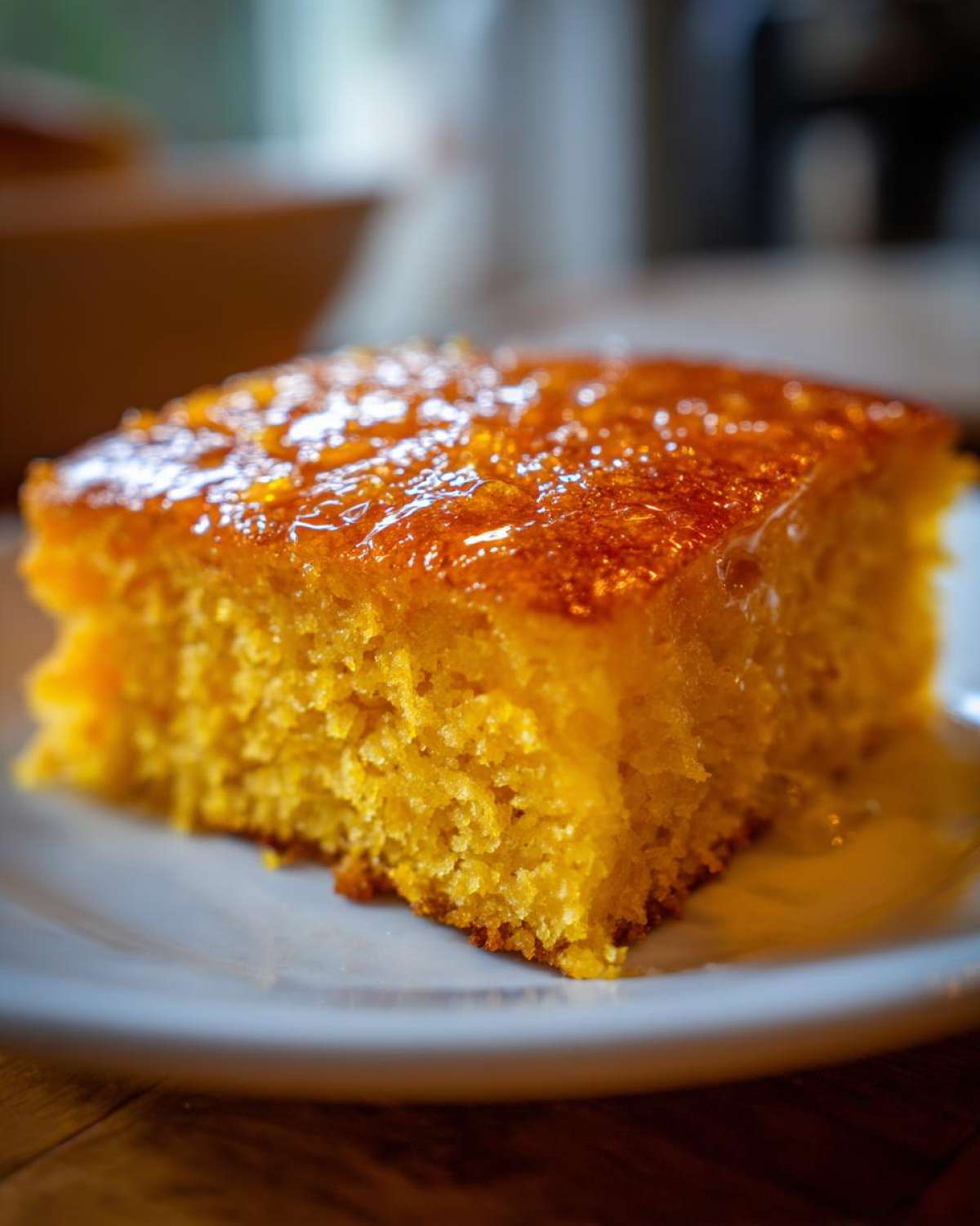 Close-up of a moist, golden slice of sweet potato cornbread topped with a shiny glaze.