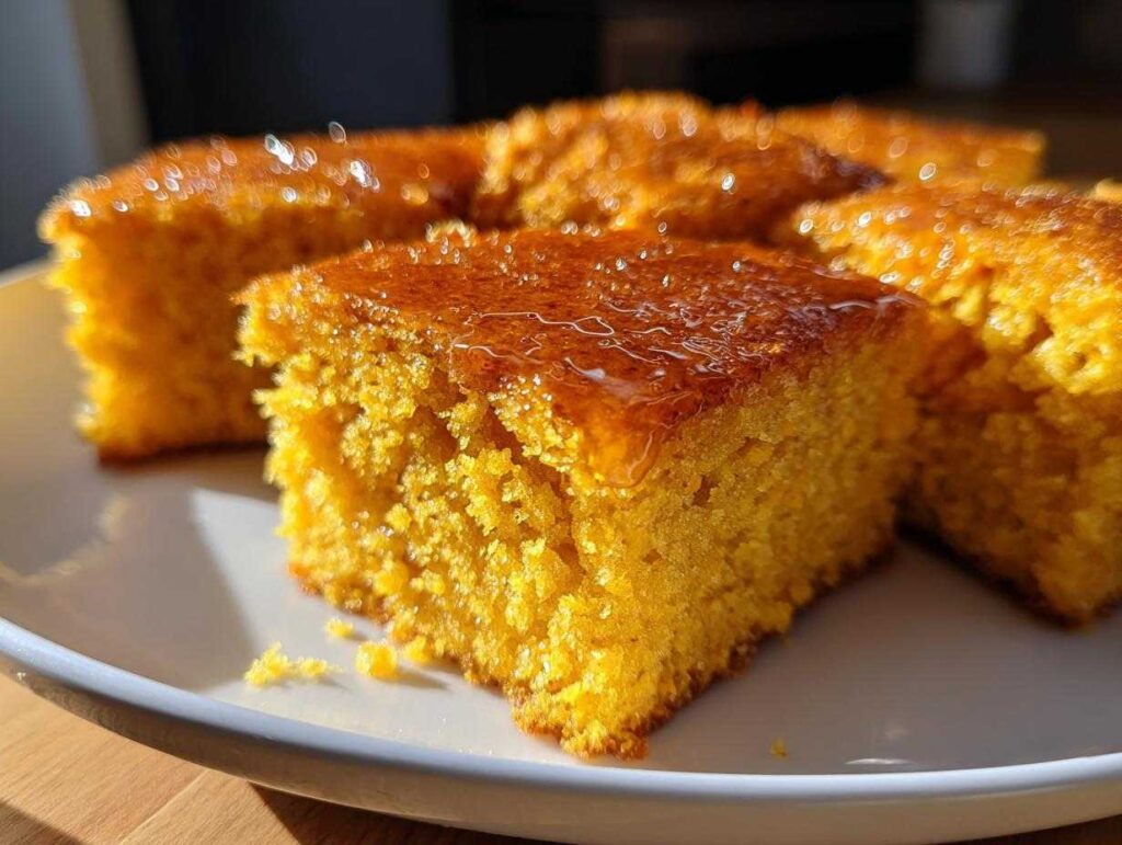 Close-up of moist, golden sweet potato cornbread squares drizzled with a shiny glaze on a white plate.