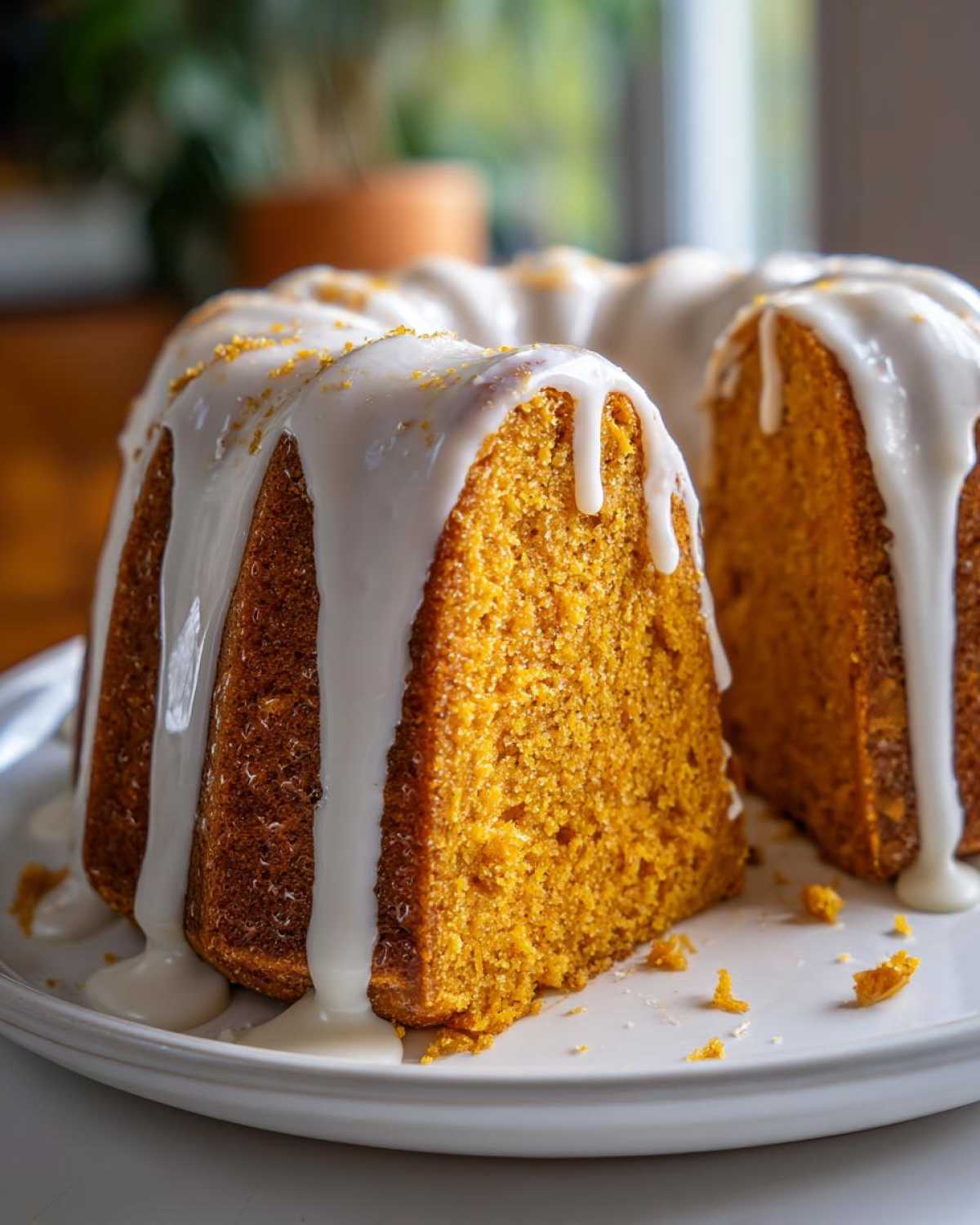 A moist, orange-hued sweet potato pound cake drizzled heavily with white glaze, with one slice cut out.