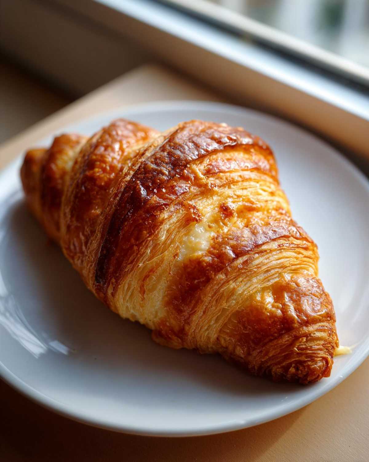 A close-up of a perfectly golden brown baked ham and cheese croissant resting on a white plate near a window.