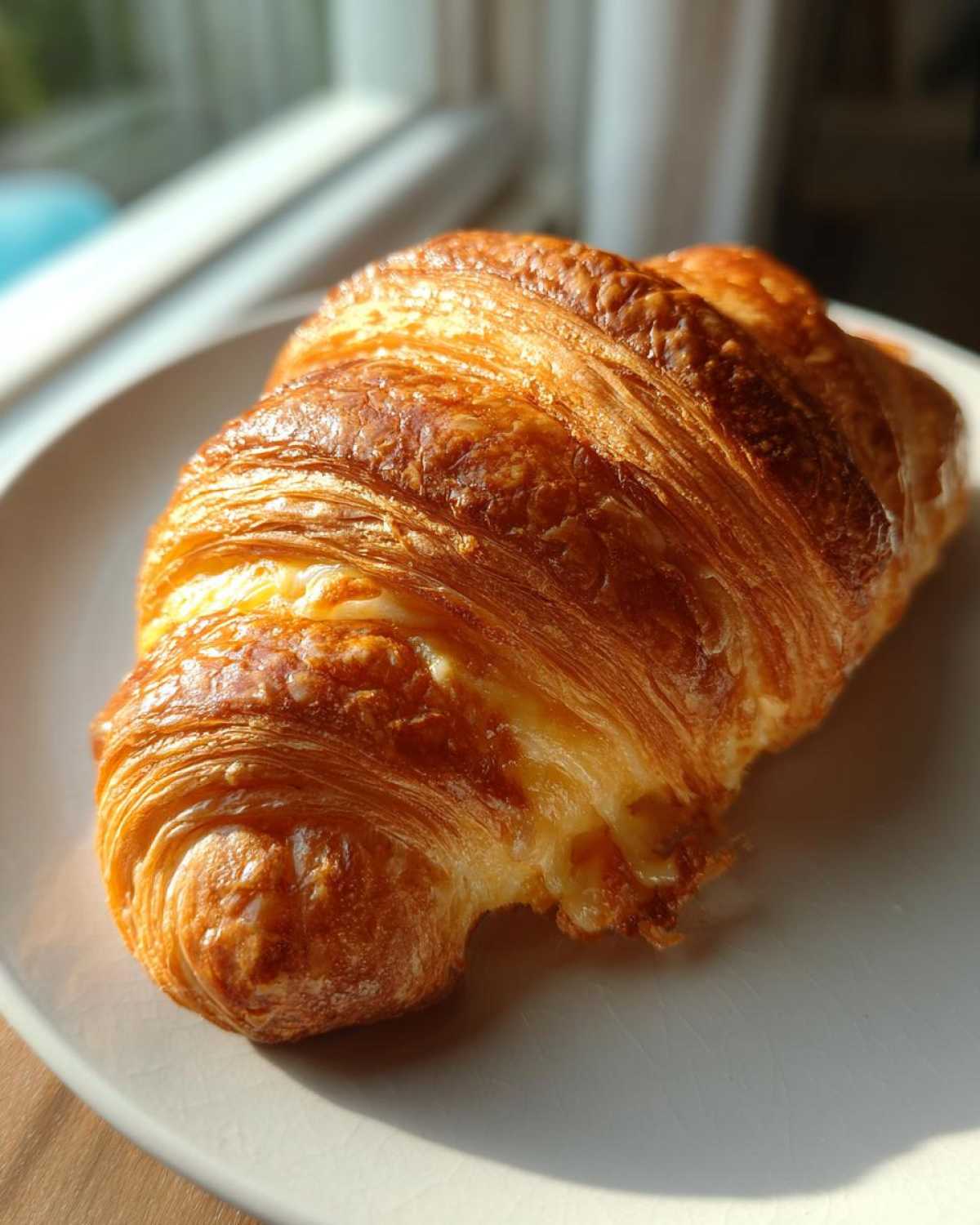 A perfectly golden, flaky baked ham and cheese croissant resting on a white plate near a window.
