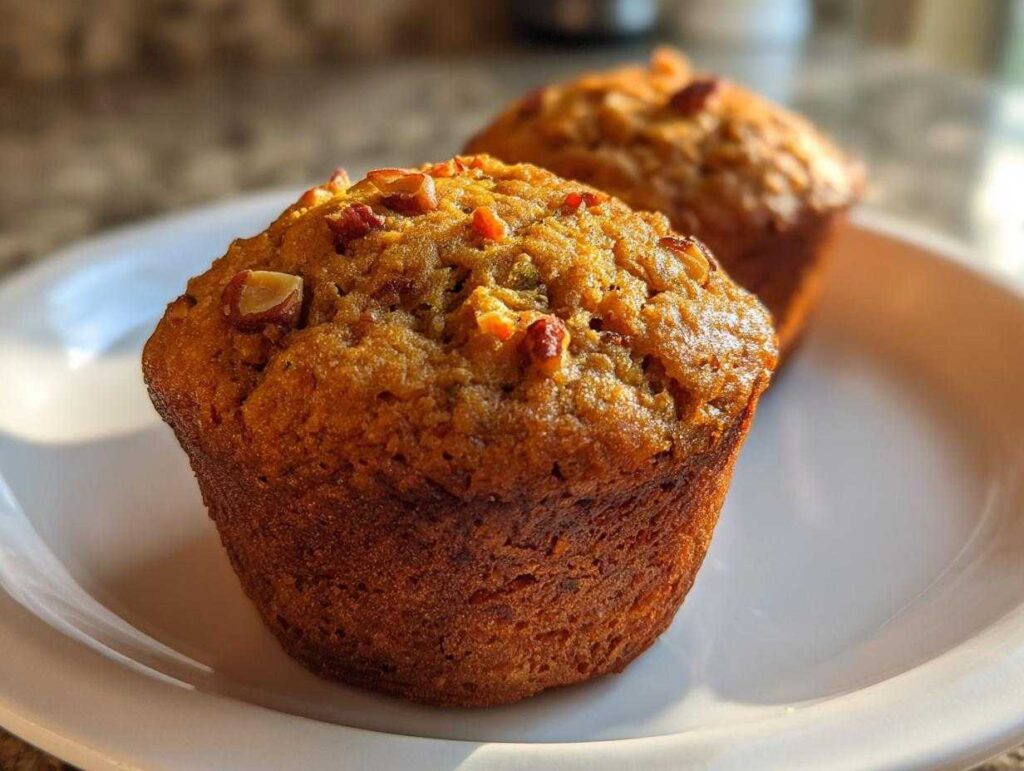 Close-up of two freshly baked morning glory muffins topped with chopped nuts on a white plate.
