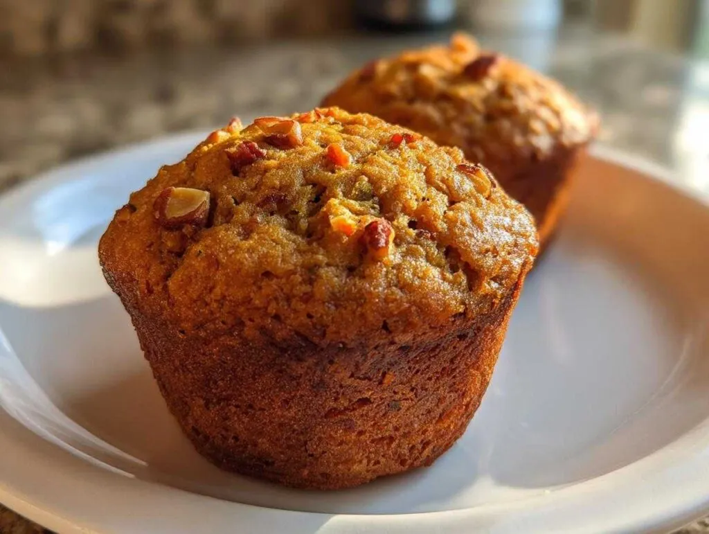 Close-up of two freshly baked morning glory muffins topped with chopped nuts on a white plate.