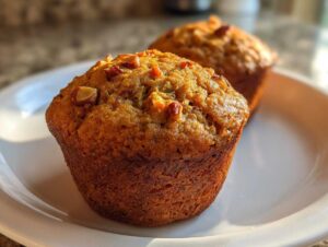Close-up of two freshly baked morning glory muffins topped with chopped nuts on a white plate.