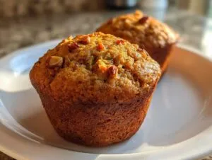 Close-up of two freshly baked morning glory muffins topped with chopped nuts on a white plate.