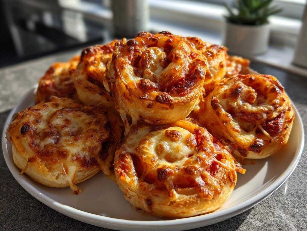 A plate piled high with freshly baked, golden brown pizza pinwheels topped with melted, bubbly cheese.