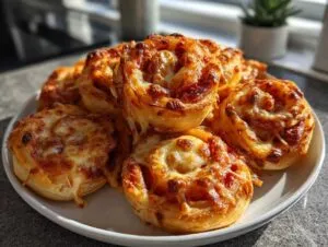 A plate piled high with freshly baked, golden brown pizza pinwheels topped with melted, bubbly cheese.