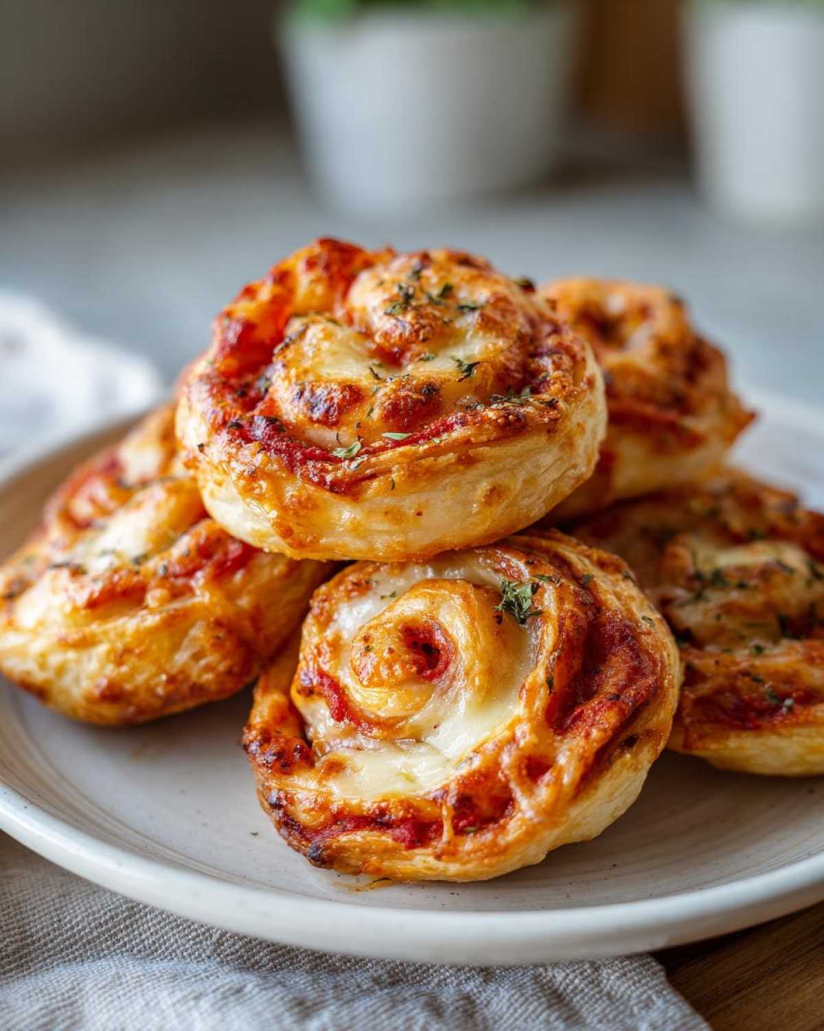 Close-up of several golden brown, cheesy pizza pinwheels stacked on a light-colored plate.