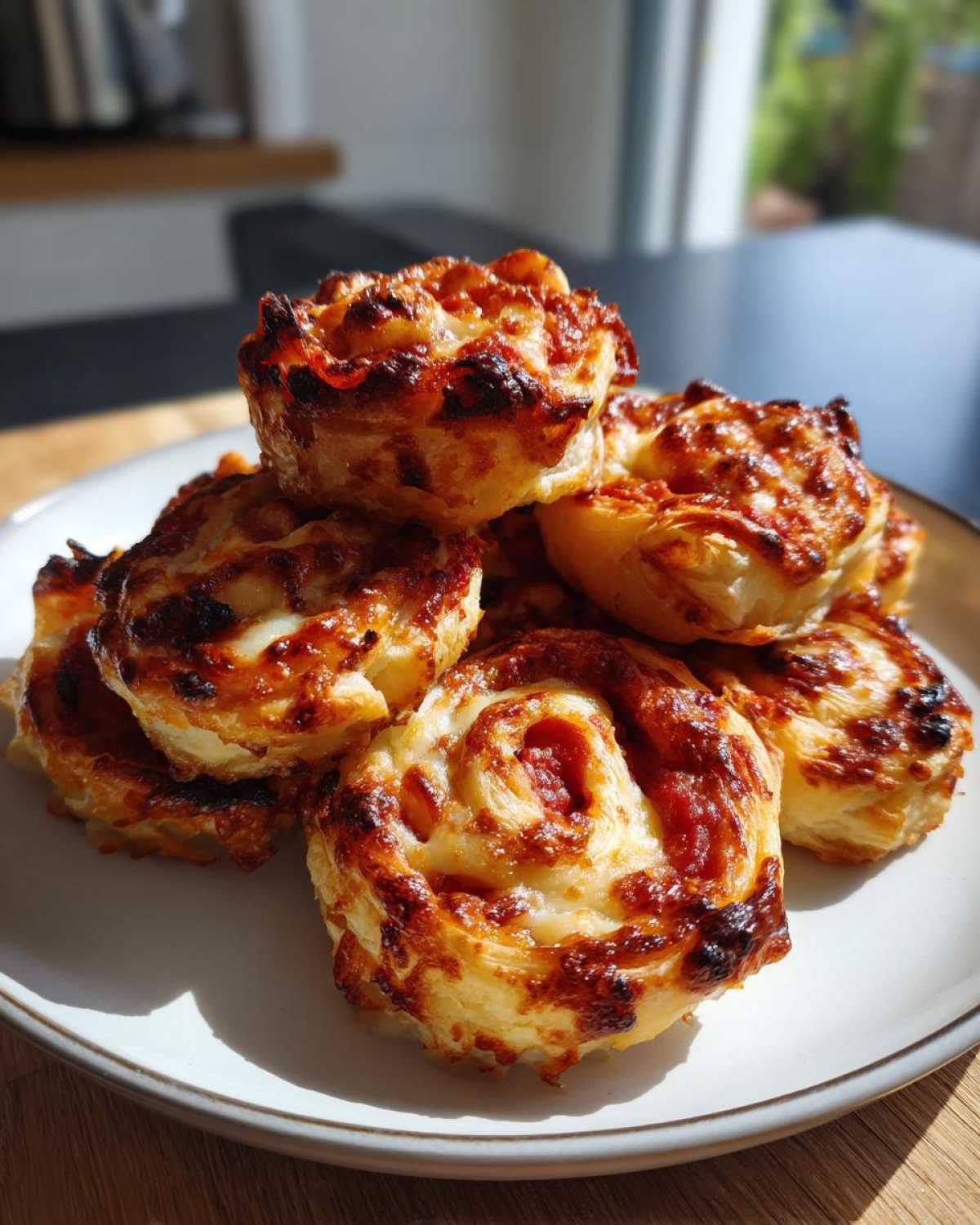A stack of freshly baked, golden brown pizza pinwheels with melted, slightly charred cheese topping.