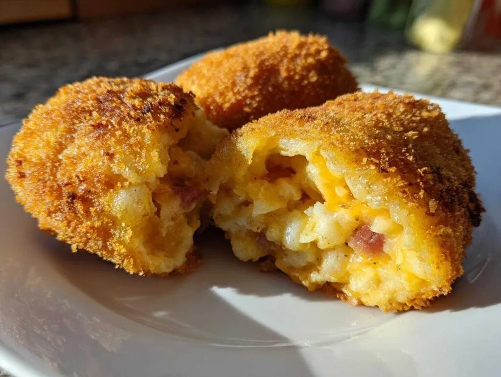 Close-up of golden brown, crispy potato croquettes, one is broken open revealing a cheesy potato and ham filling.
