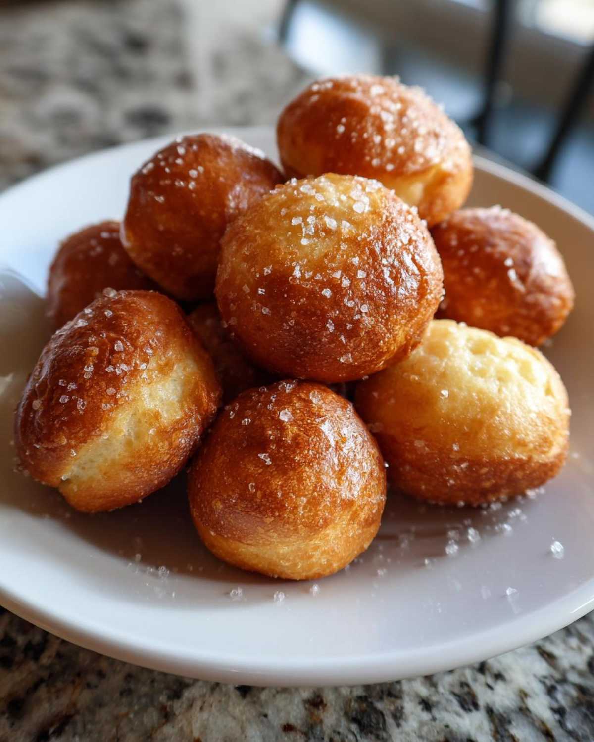 A close-up of several golden brown pretzel bites sprinkled with coarse salt, served on a white plate.