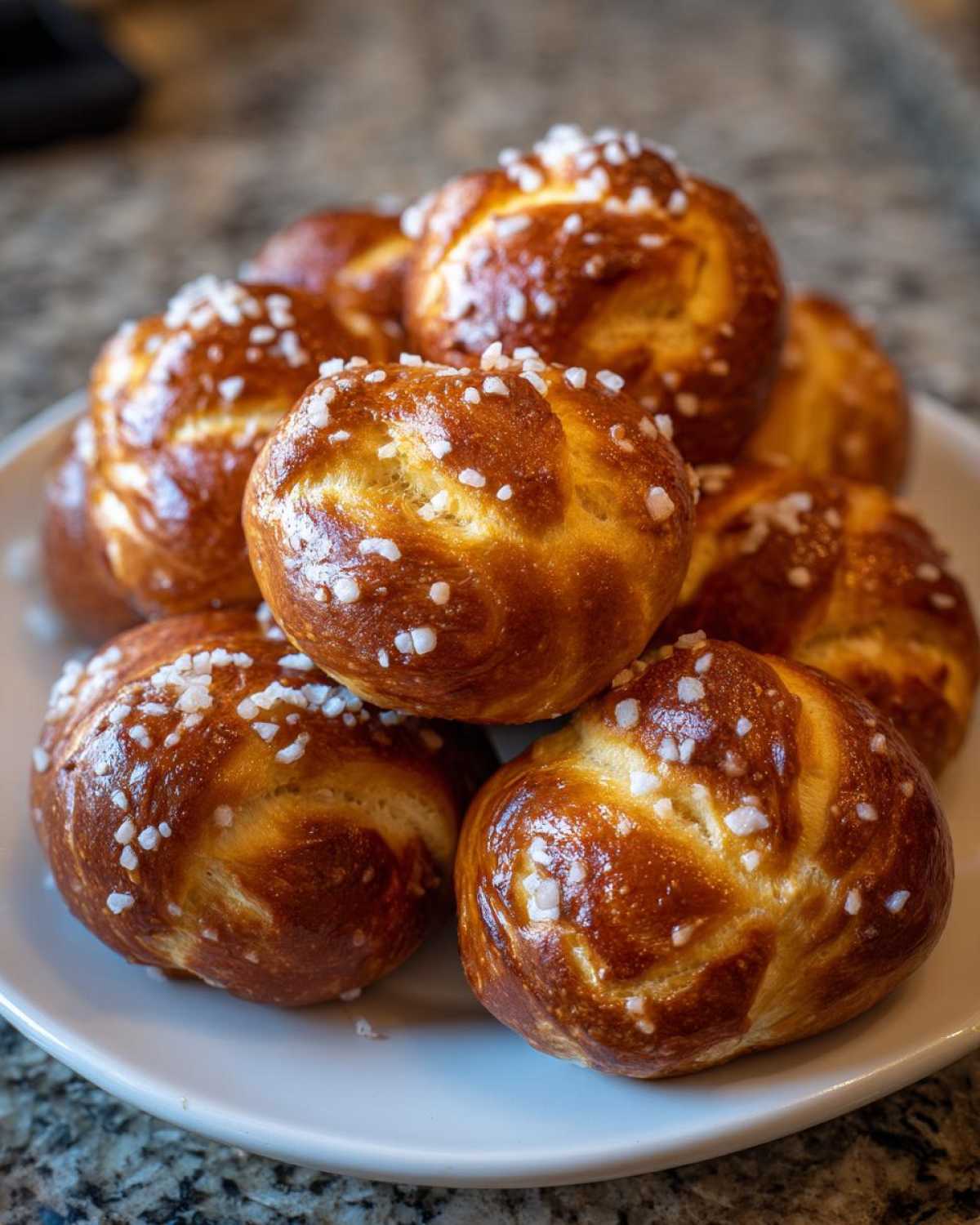 A stack of freshly baked, golden brown pretzel bites topped with coarse salt.