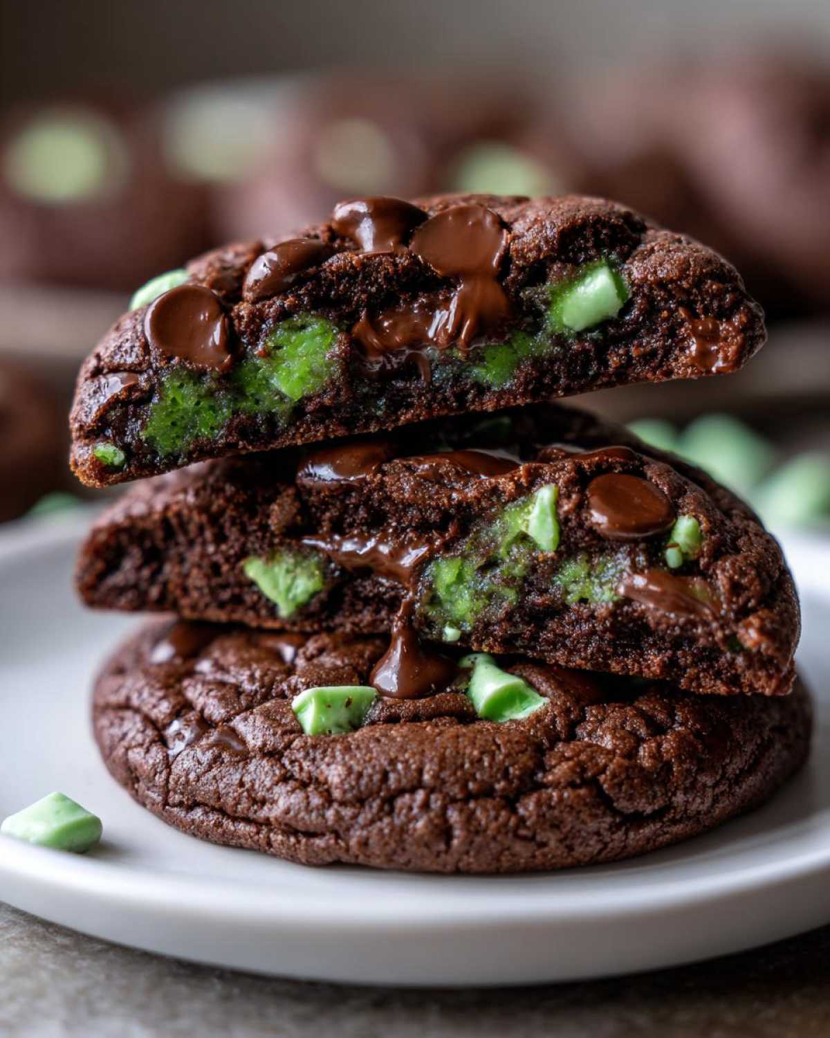 A stack of two halves of a rich, dark chocolate andes mint cookies, showing melted chocolate and bright green mint chips inside.