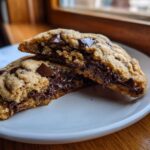 Close-up of homemade chocolate chip cookies split in half showing melted, gooey chocolate center.