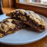 Close-up of homemade chocolate chip cookies split in half showing melted, gooey chocolate center.