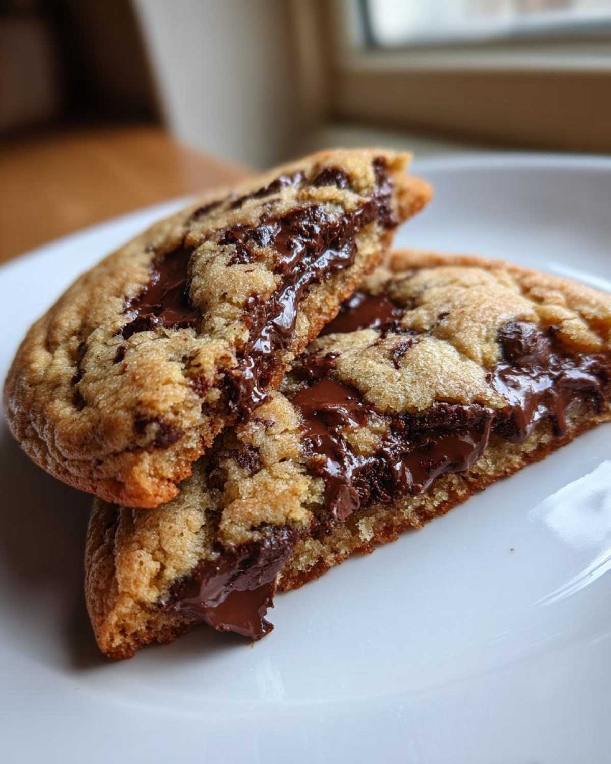 Close-up of homemade chocolate chip cookies broken in half showing melted, gooey chocolate chips inside.
